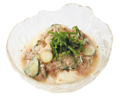 キュウリとツナの冷や汁そうめん