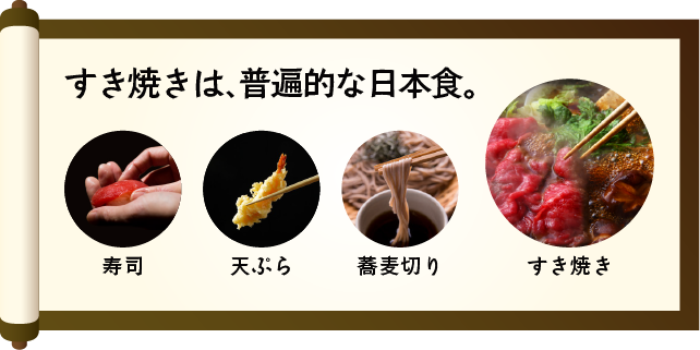 江戸時代発祥の日本のファストフード。すき焼きは、普遍的な日本食である。寿司、天ぷら、蕎麦切り、すき焼き